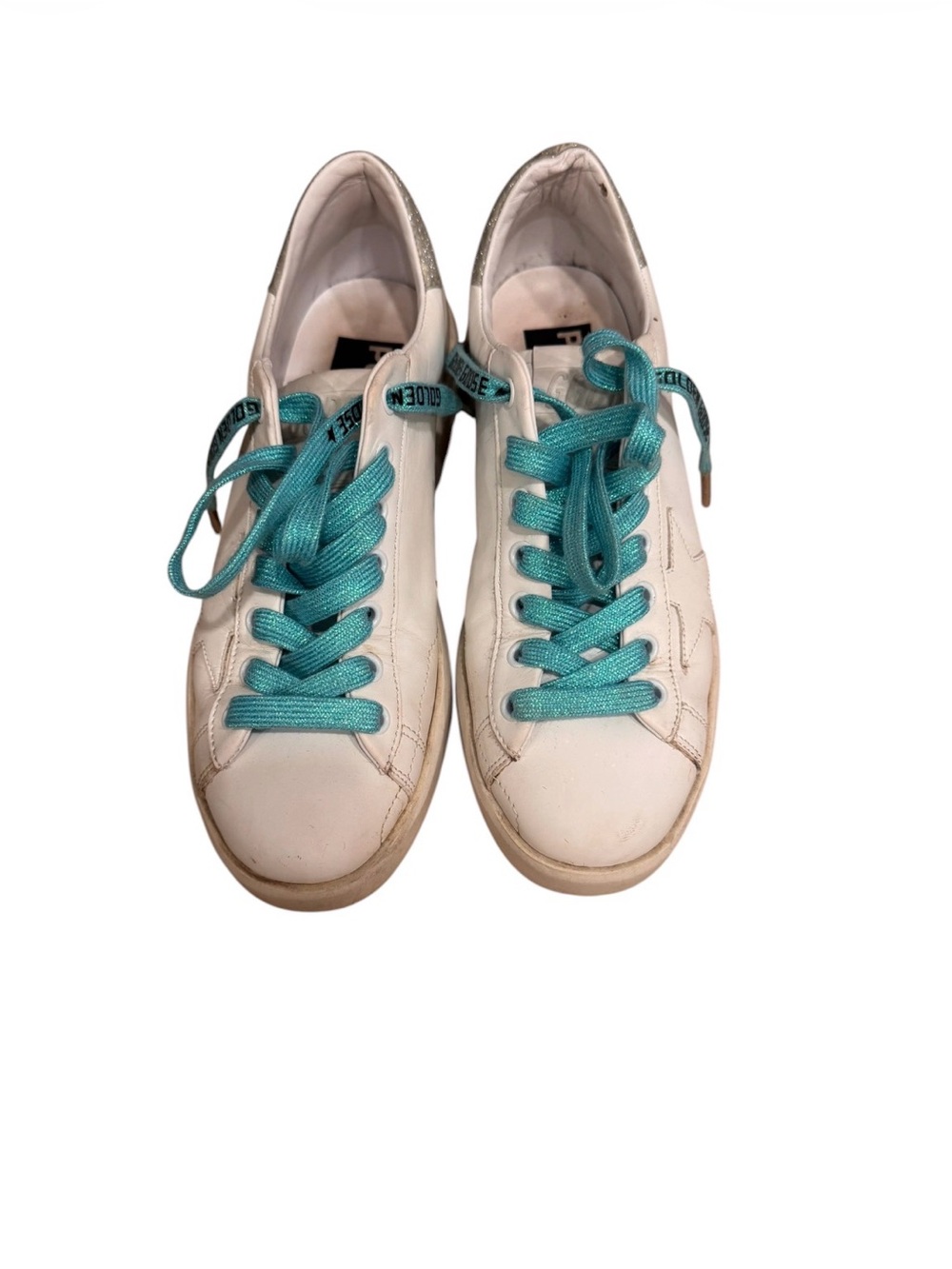 Golden Goose White Leather Sneakers with Teal Laces